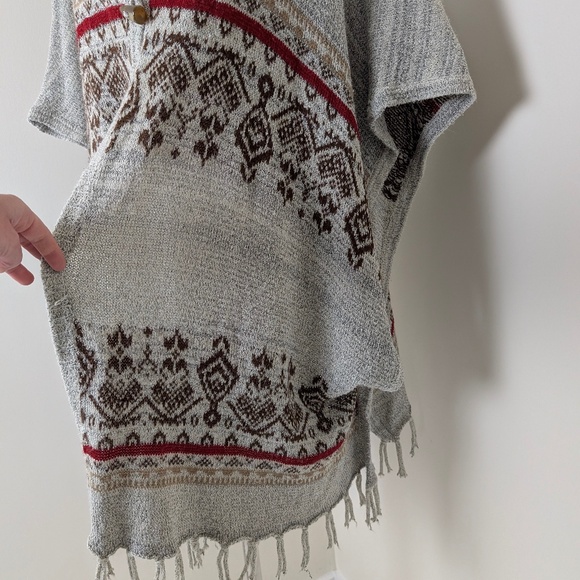 Fringe Knit Poncho Cape Hoodie Hooded Button Down open Front Abstract - Picture 6 of 11